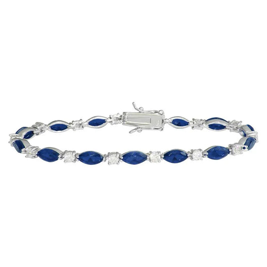 925 Sterling Silver Rhodium Plated Alternating Blue Oval CZ and Clear Round CZ Tennis Bracelet