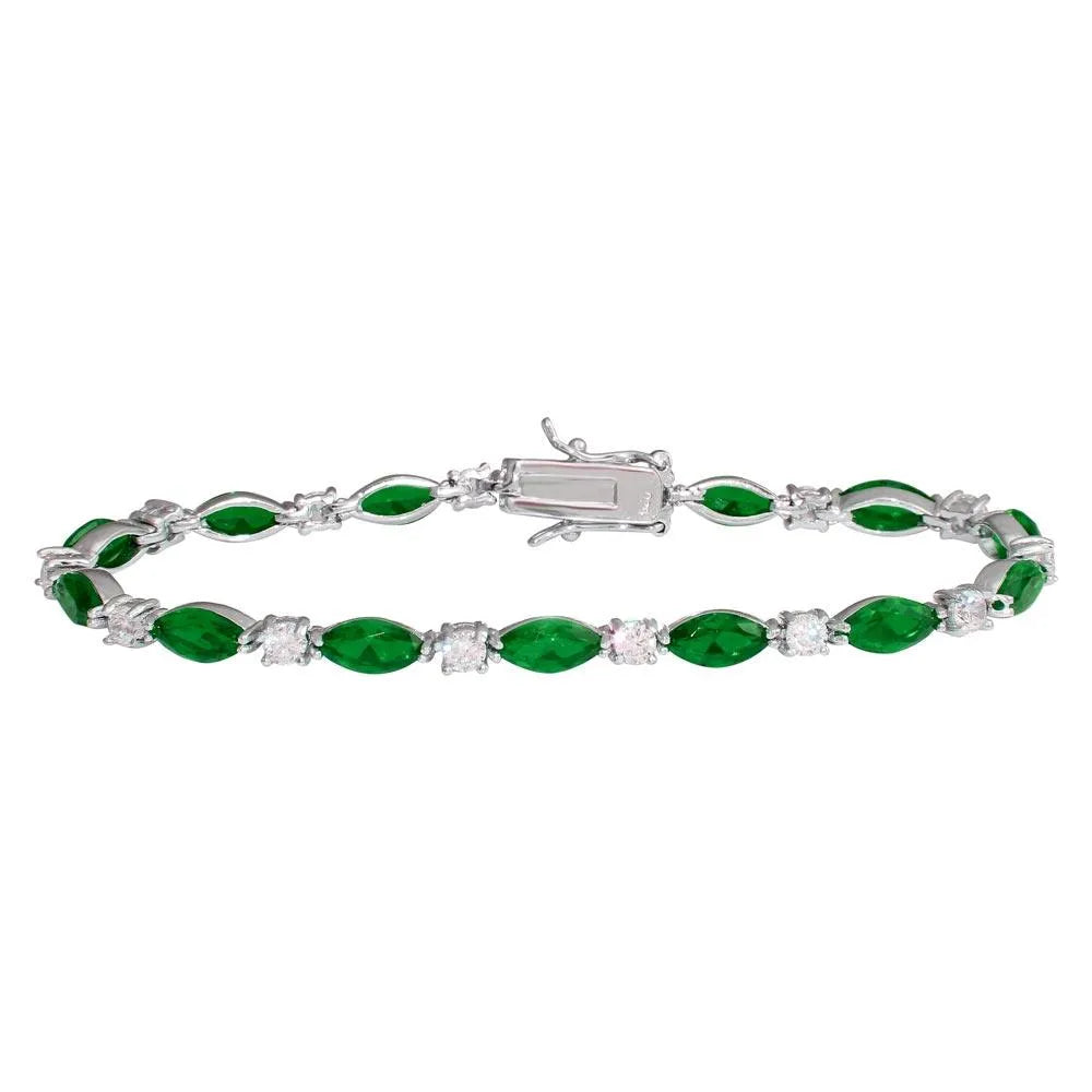 925 Sterling Silver Rhodium Plated Alternating Green Oval CZ and Clear Round CZ Tennis Bracelet