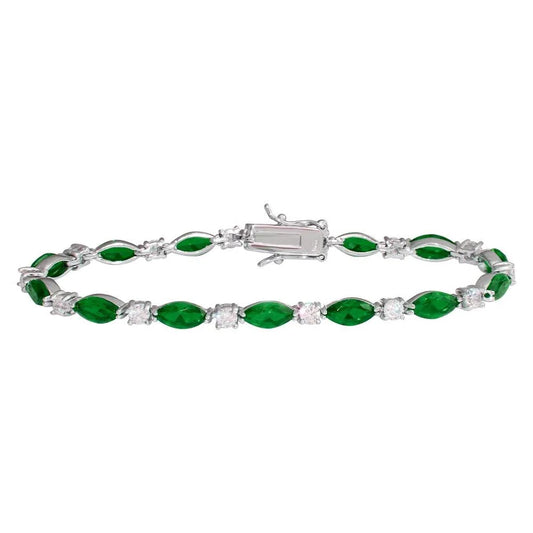 925 Sterling Silver Rhodium Plated Alternating Green Oval CZ and Clear Round CZ Tennis Bracelet