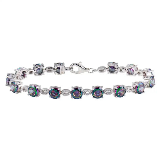 925 Sterling Silver Rhodium Plated Synthetic Mystic Topaz Link Tennis Bracelet