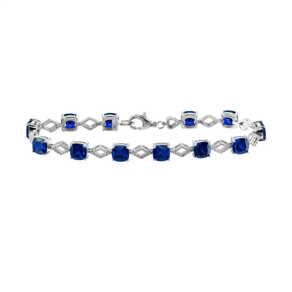 925 Sterling Silver Rhodium Plated Blue CZ Link Bracelet
