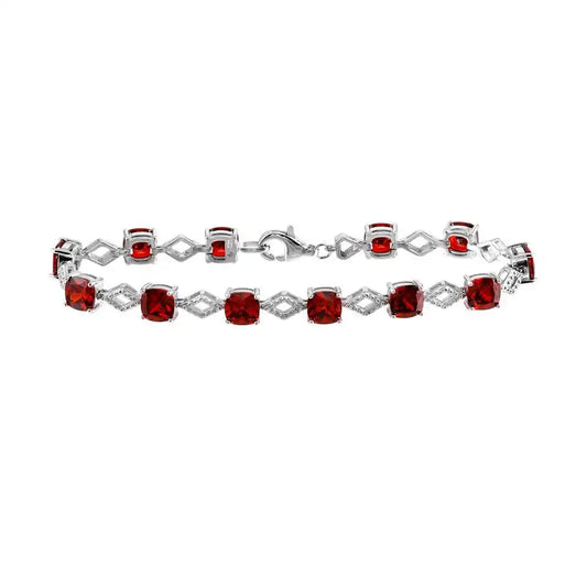 925 Sterling Silver Rhodium Plated Red CZ Link Bracelet