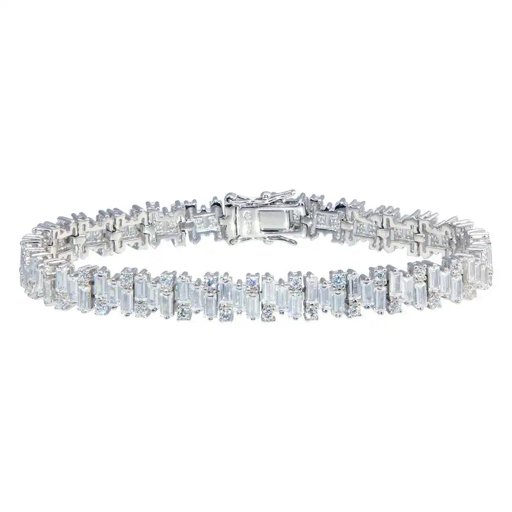 925 Sterling Silver Rhodium Plated Baguette CZ Bracelet
