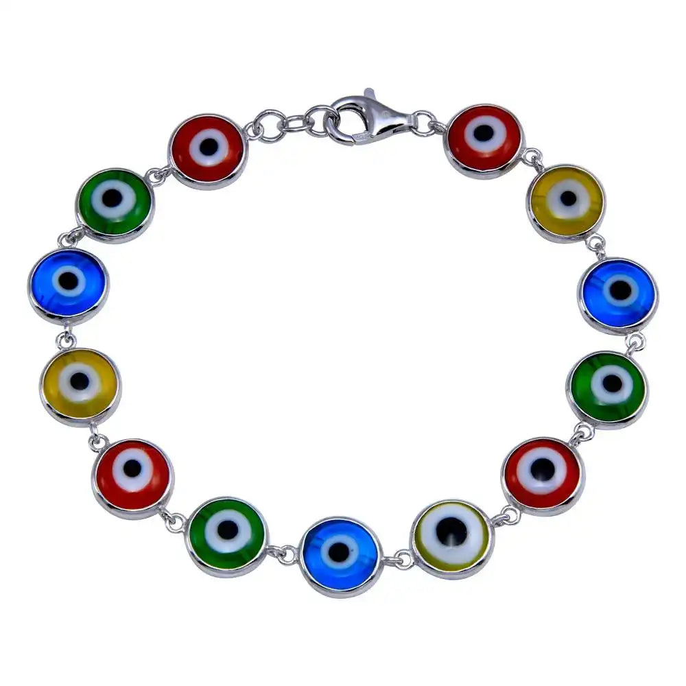 925 Sterling Silver Rhodium Plated Evil Eye Link Bracelet
