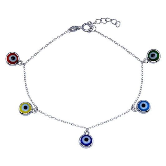 925 Sterling Silver CZ Multicolored Dangling Evil Eye Bracelet