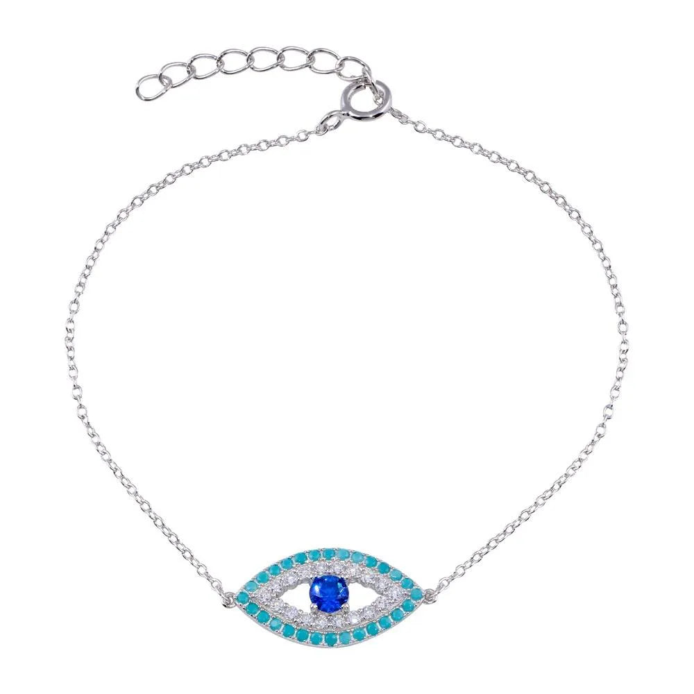 925 Sterling Silver Rhodium Plated CZ and Turquoise Evil Eye Bracelet