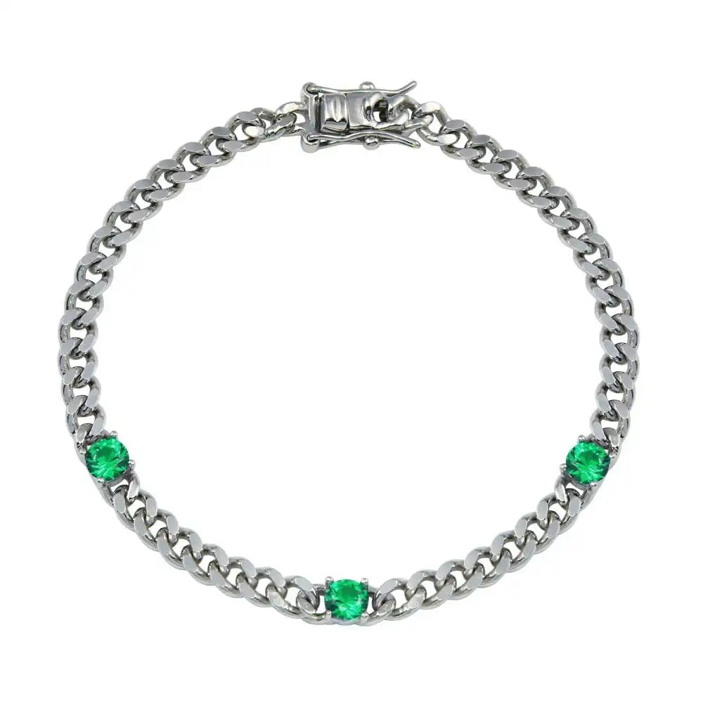 925 Sterling Silver Green CZ Curb Link Bracelet