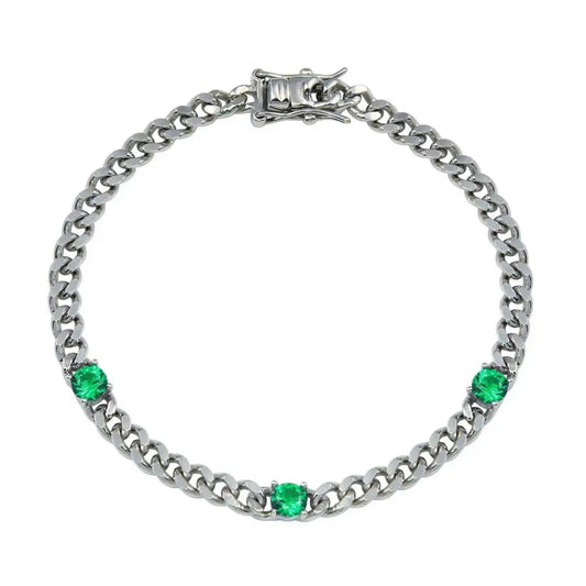925 Sterling Silver Green CZ Curb Link Bracelet