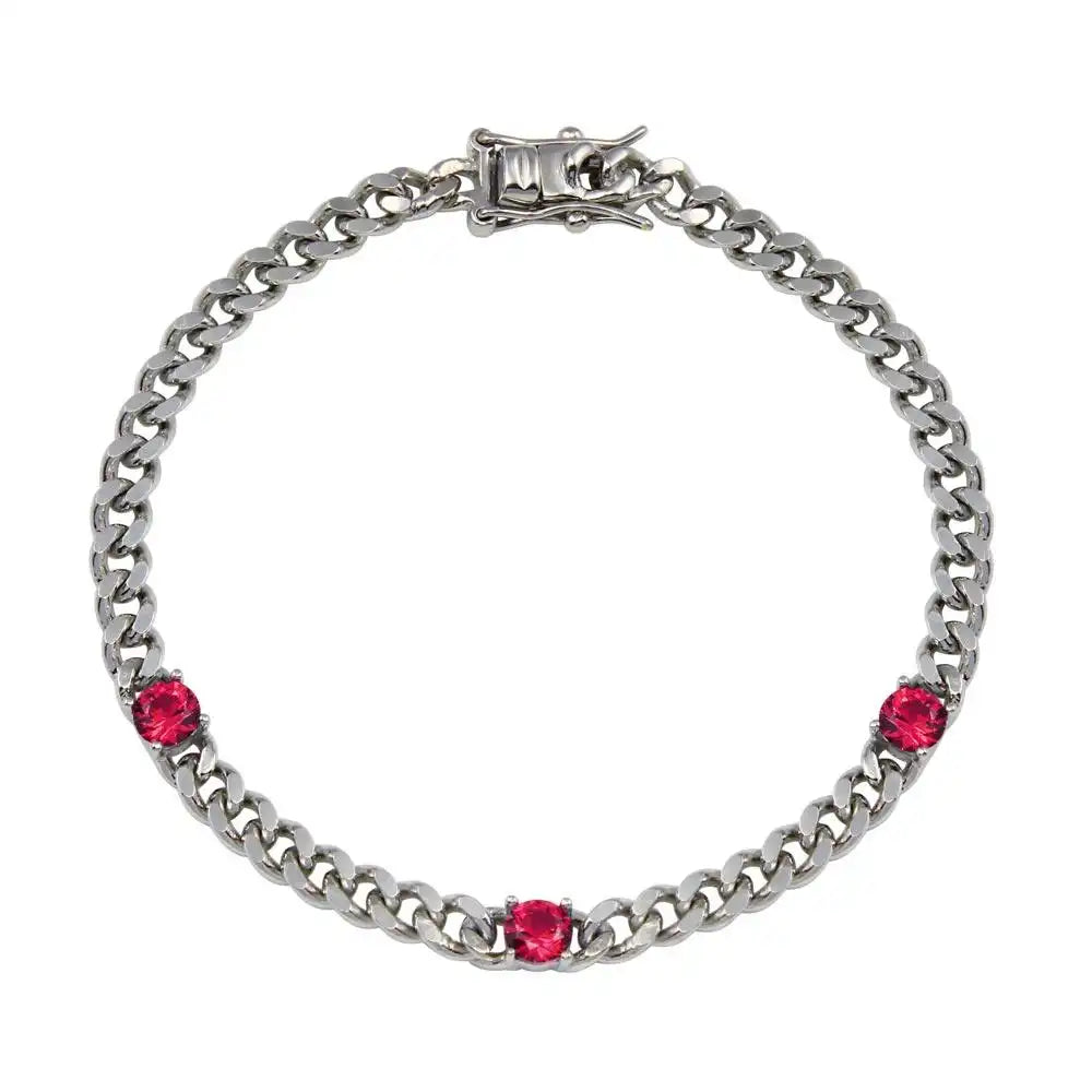925 Sterling Silver Red CZ Curb Link Bracelet