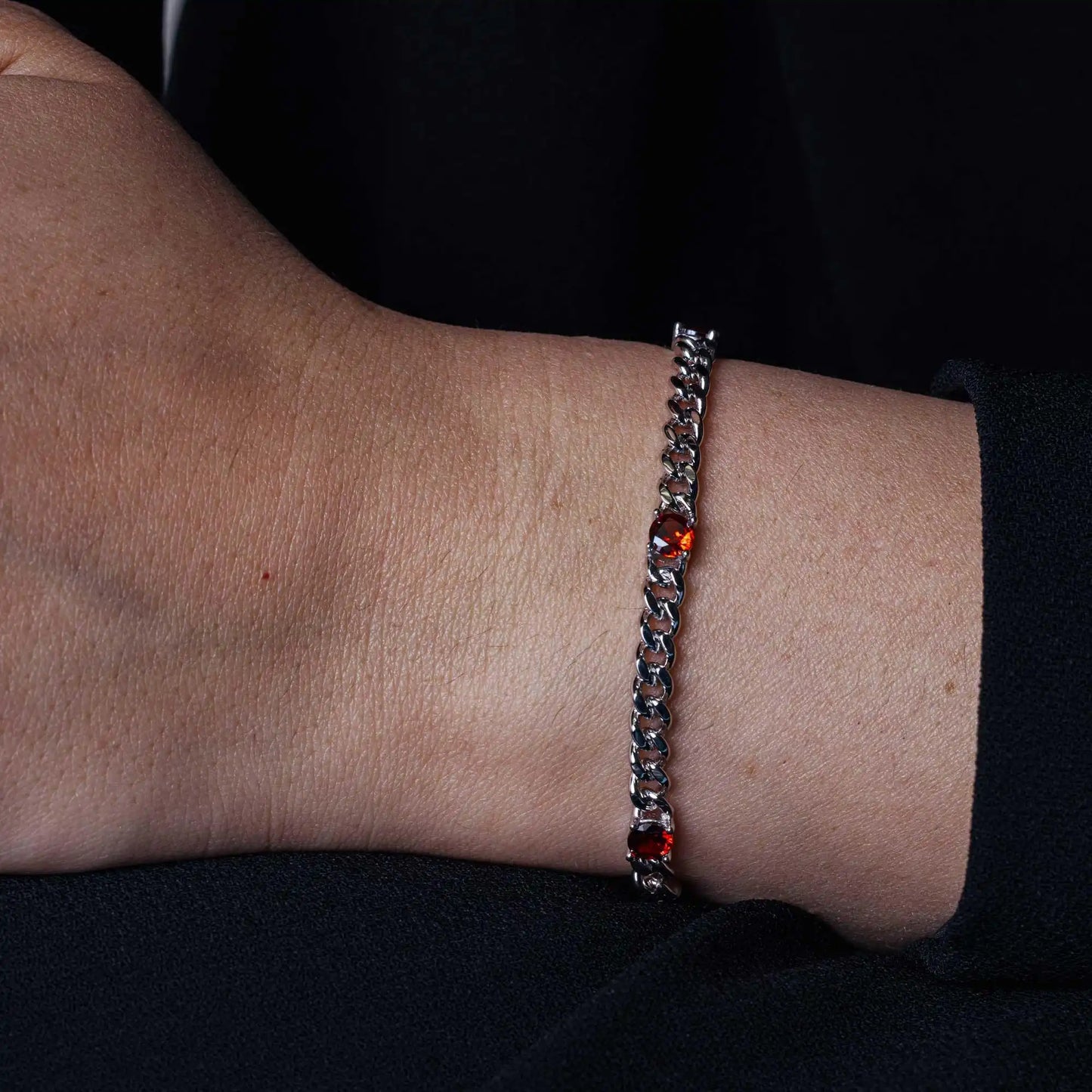 925 Sterling Silver Red CZ Curb Link Bracelet