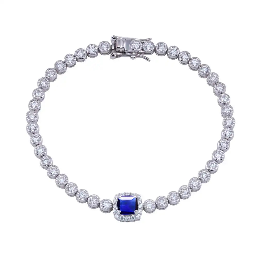 925 Sterling Silver Green CZ Blue Halo Center Bubble 3.5mm Tennis Bracelet
