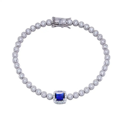 925 Sterling Silver Green CZ Blue Halo Center Bubble 3.5mm Tennis Bracelet