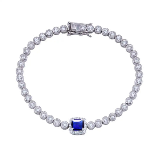 925 Sterling Silver Green CZ Blue Halo Center Bubble 3.5mm Tennis Bracelet