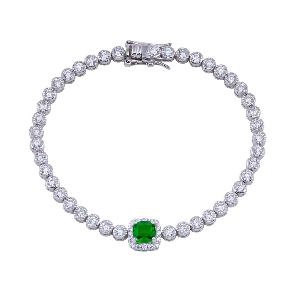 925 Sterling Silver Green CZ Green Halo Center Bubble Tennis Bracelet
