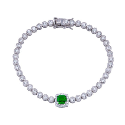 925 Sterling Silver Green CZ Green Halo Center Bubble Tennis Bracelet