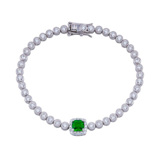 925 Sterling Silver Green CZ Green Halo Center Bubble Tennis Bracelet