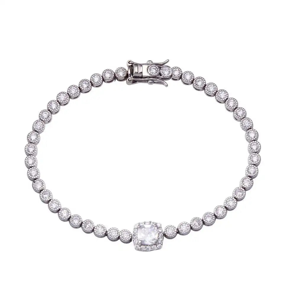 925 Sterling Silver Clear CZ Clear Halo Center Bubble Tennis Bracelet