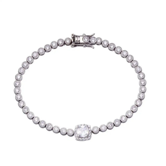 925 Sterling Silver Clear CZ Clear Halo Center Bubble Tennis Bracelet