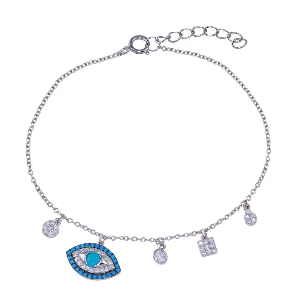 925 Sterling Silver Evil Eye Dangling Charms Turquoise and Clear CZ Bracelet