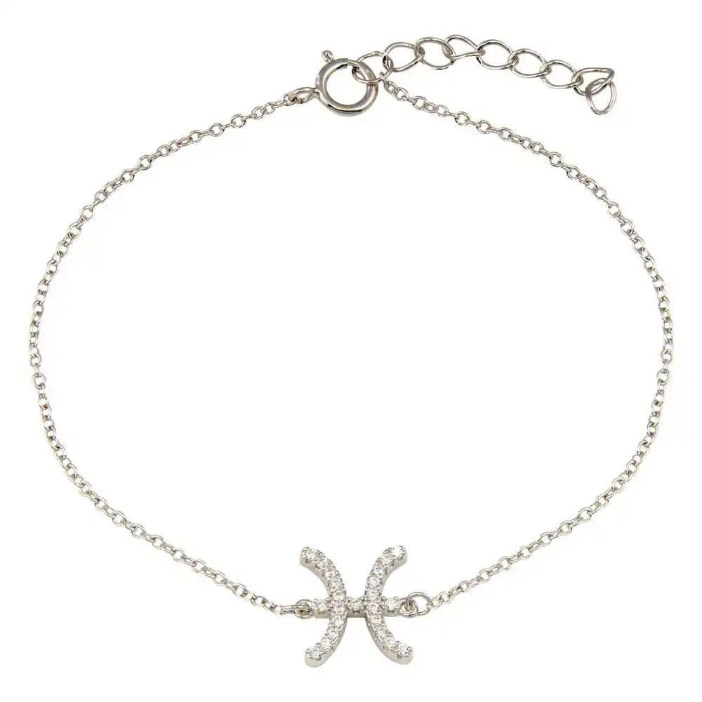 925 Sterling Silver Rhodium Plated Pisces Zodiac CZ Adjustable Link Bracelet