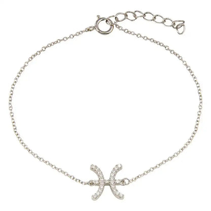 925 Sterling Silver Rhodium Plated Pisces Zodiac CZ Adjustable Link Bracelet