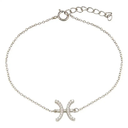 925 Sterling Silver Rhodium Plated Pisces Zodiac CZ Adjustable Link Bracelet