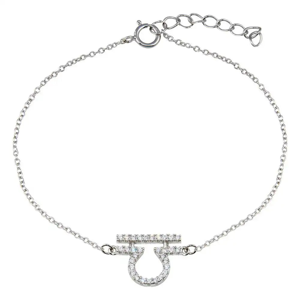 925 Sterling Silver Rhodium Plated Libra Zodiac CZ Adjustable Link Bracelet