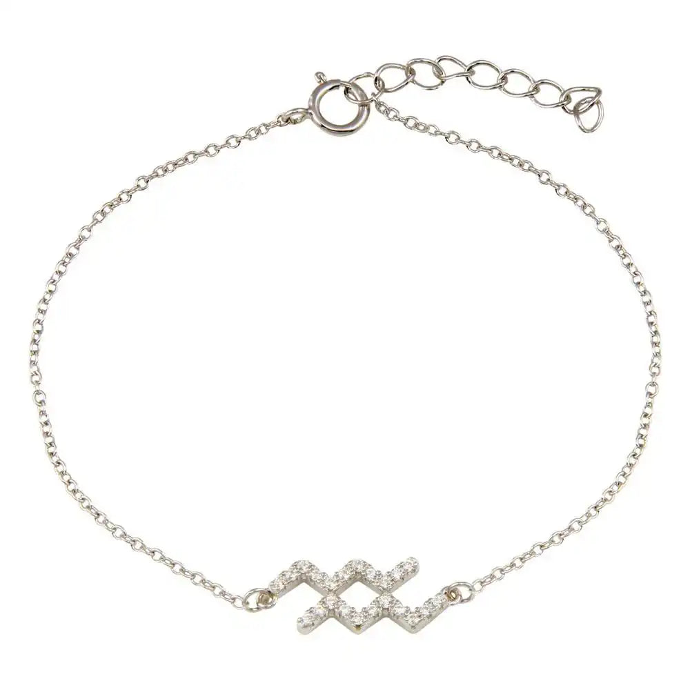 925 Sterling Silver Rhodium Plated Aquarius Zodiac CZ Adjustable Link Bracelet