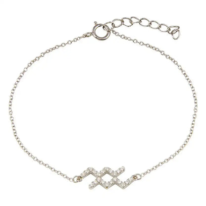 925 Sterling Silver Rhodium Plated Aquarius Zodiac CZ Adjustable Link Bracelet
