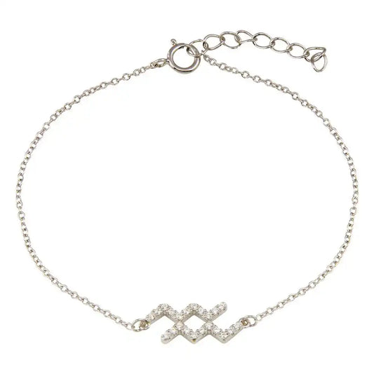 925 Sterling Silver Rhodium Plated Aquarius Zodiac CZ Adjustable Link Bracelet