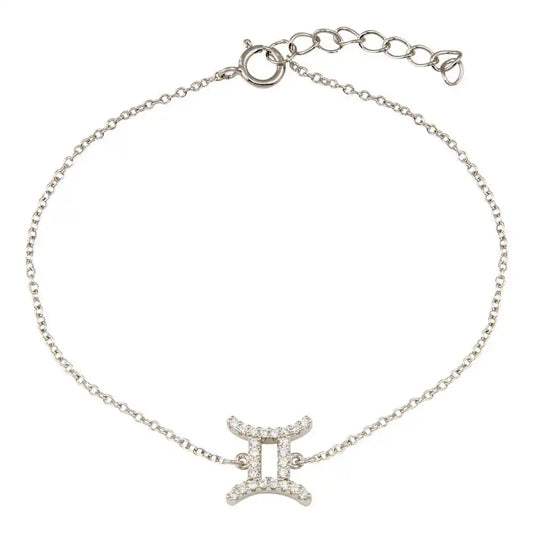 925 Sterling Silver Rhodium Plated Gemini Zodiac CZ Adjustable Link Bracelet