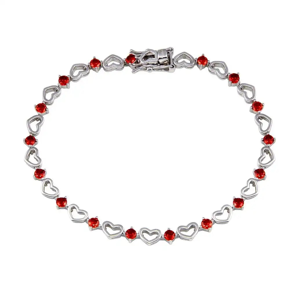 925 Sterling Silver Rhodium Plated Red CZ Heart Link Bracelet