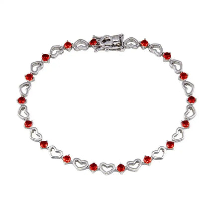 925 Sterling Silver Rhodium Plated Red CZ Heart Link Bracelet