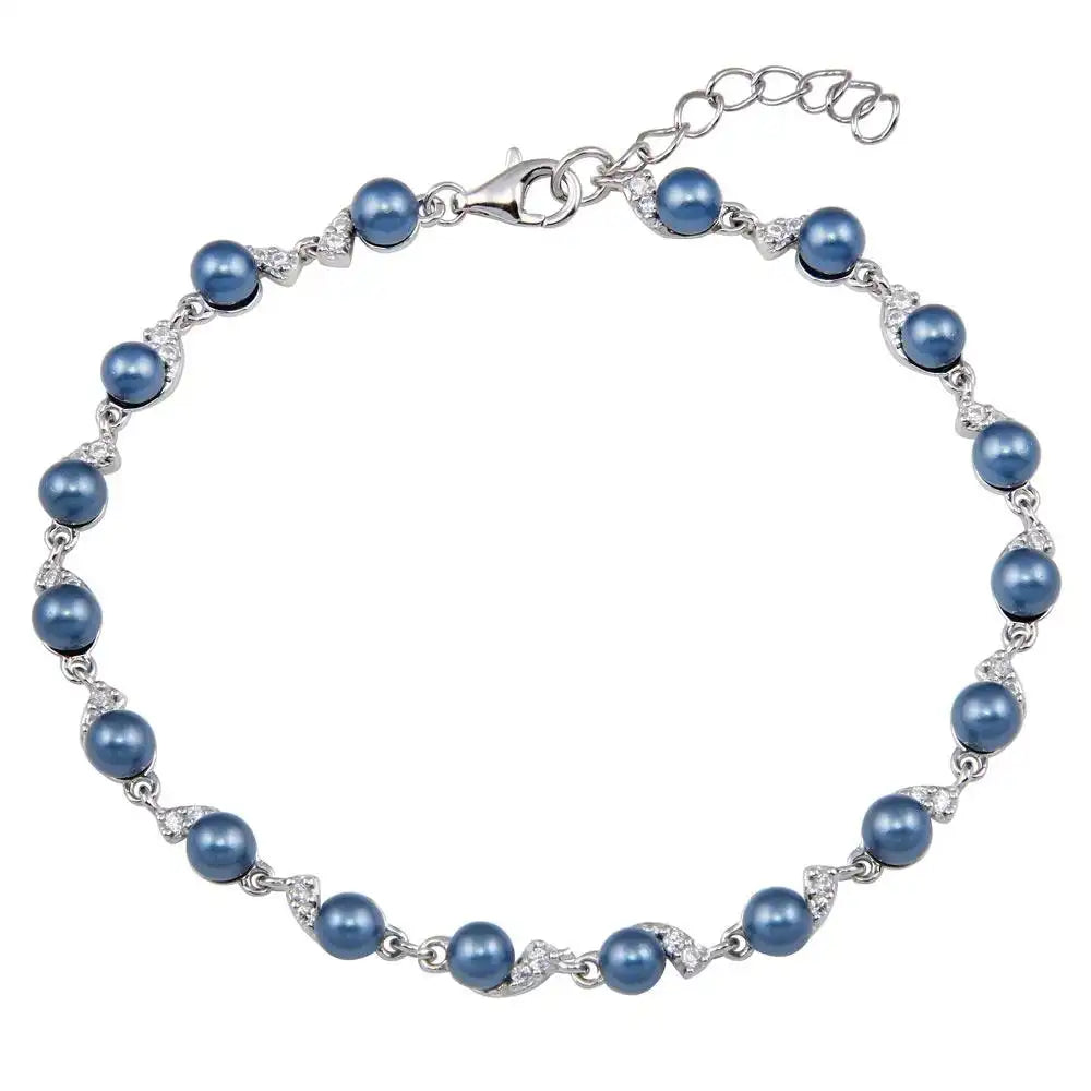 925 Sterling Silver Rhodium Plated Grey Pearl CZ Link Bracelet