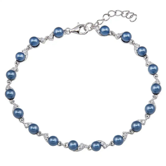 925 Sterling Silver Rhodium Plated Grey Pearl CZ Link Bracelet