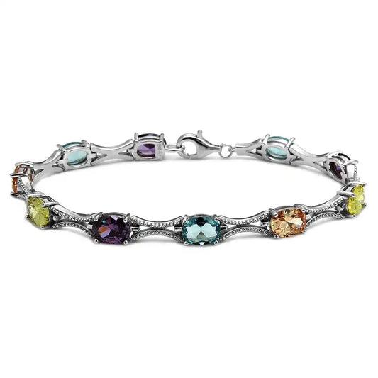 925 Sterling Silver Rhodium Plated Multiple Color Oval CZ Tennis Bracelet