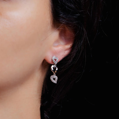 925 Silver Rhodium Plated Clear Multiple Open Heart CZ Stud Dangling Earrings