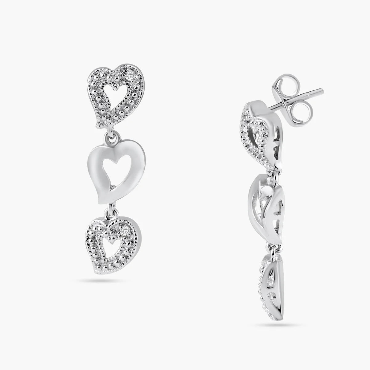 925 Silver Rhodium Plated Clear Multiple Open Heart CZ Stud Dangling Earrings