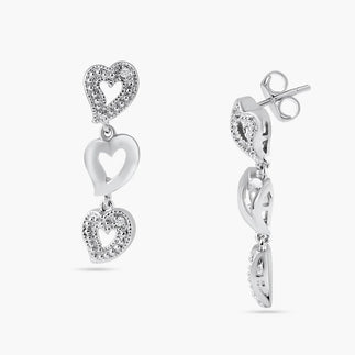 925 Silver Rhodium Plated Clear Multiple Open Heart CZ Stud Dangling Earrings