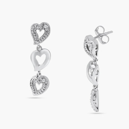 925 Silver Rhodium Plated Clear Multiple Open Heart CZ Stud Dangling Earrings