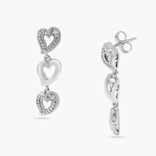 925 Silver Rhodium Plated Clear Multiple Open Heart CZ Stud Dangling Earrings