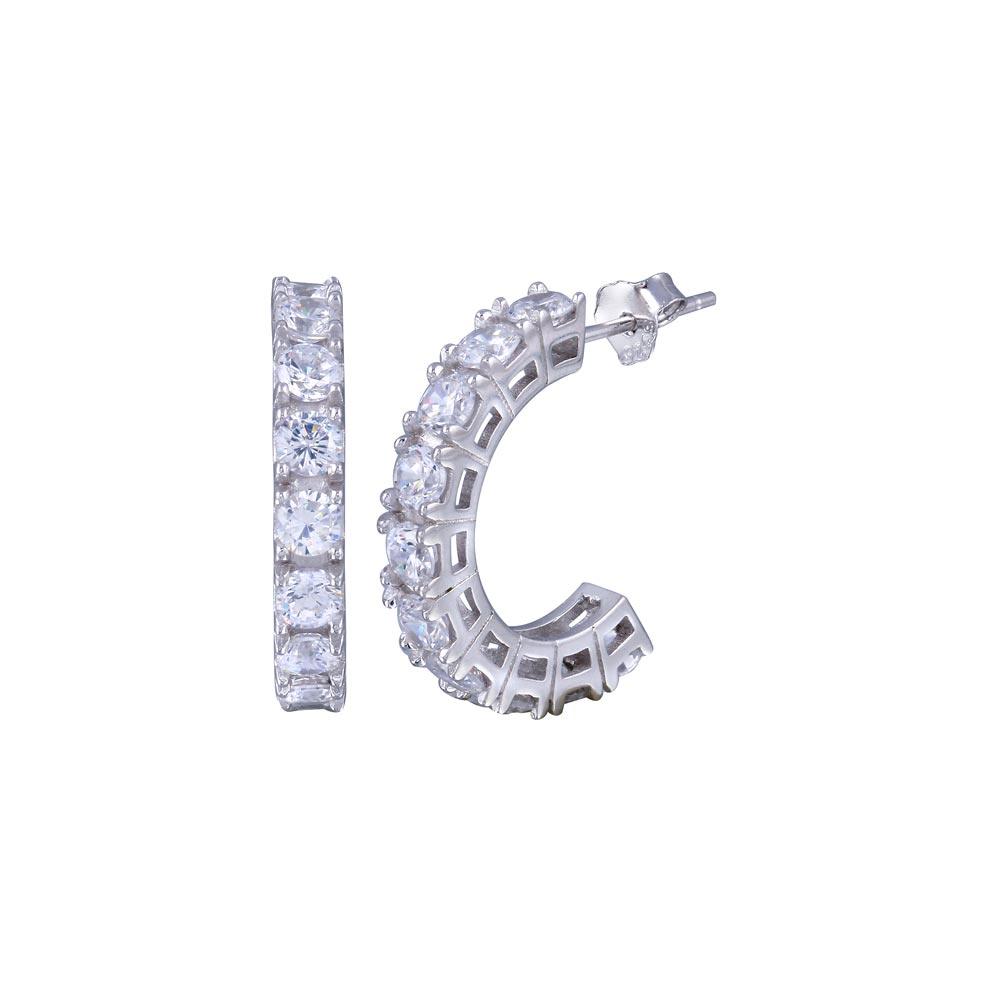 925 Silver Rhodium Plated Round Clear CZ huggie hoop Earrings