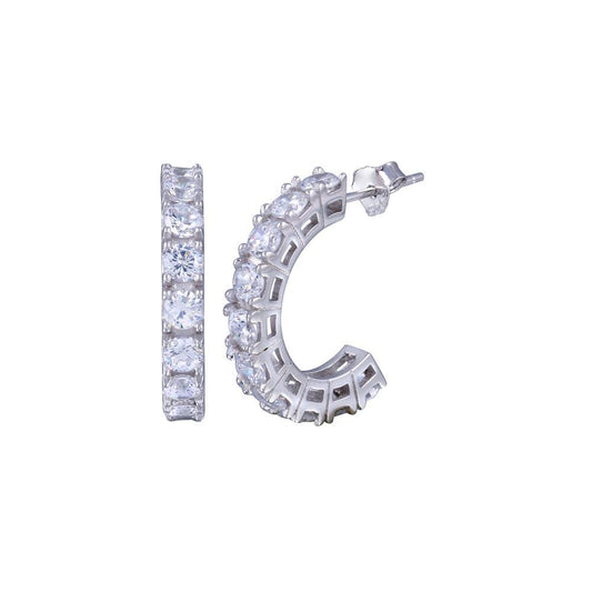 925 Silver Rhodium Plated Round Clear CZ huggie hoop Earrings