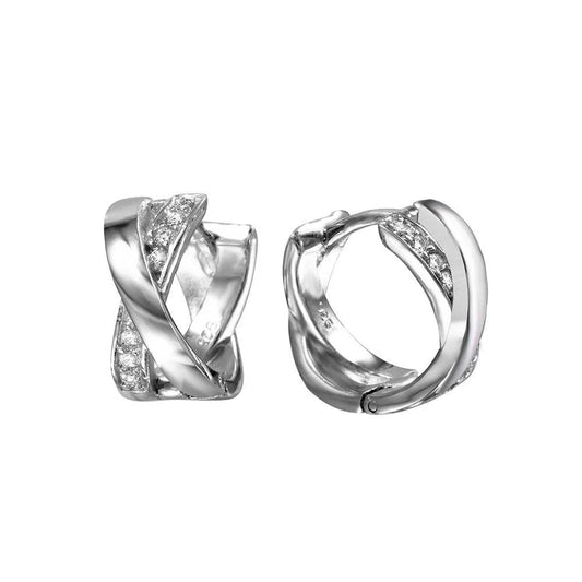 925 Silver Rhodium Plated X huggie hoop Earrings with Cubic Zirconia Stones