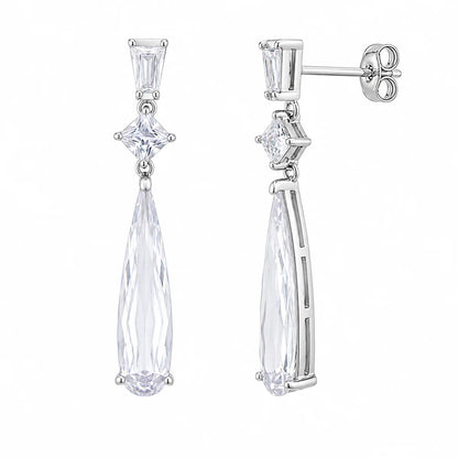 925 Silver Rhodium Plated Multishape Marquis Clear CZ Dangling Earrings
