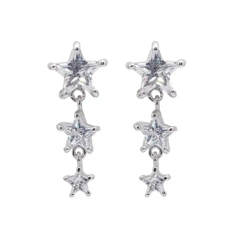 925 Sterling Silver Rhodium Plated Graduated Multiple Stars CZ Dangling Stud Earrings