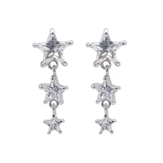 925 Sterling Silver Rhodium Plated Graduated Multiple Stars CZ Dangling Stud Earrings
