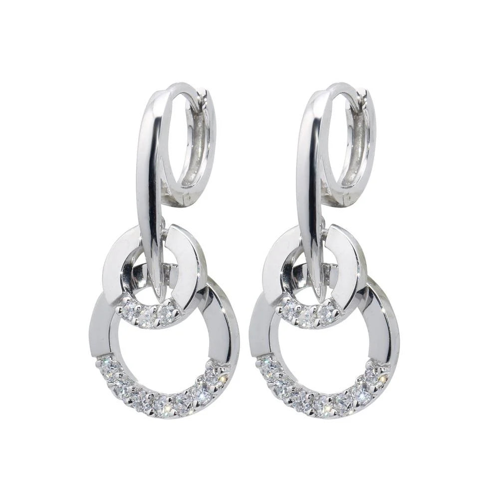 925 Silver Rhodium Plated Two Round CZ Lever Back huggie hoop Earrings