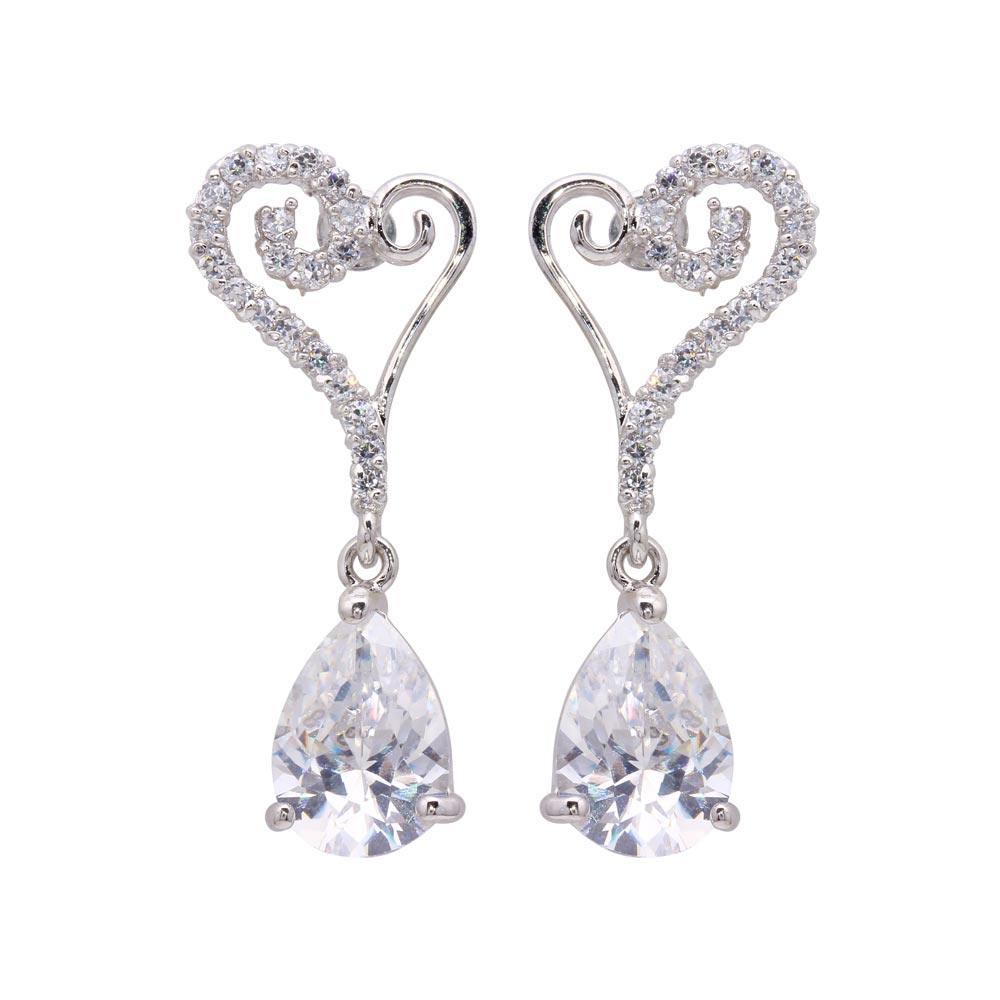 925 Silver Rhodium Plated Open Heart CZ Dangling Stud Earrings