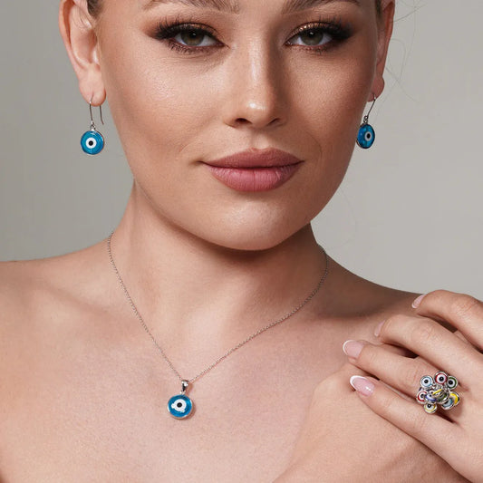 925 Sterling Silver Rhodium Plated Blue Evil Eye Necklace